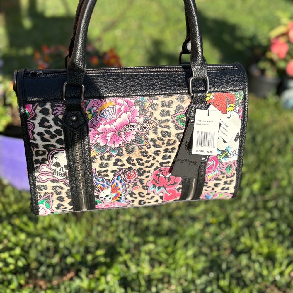 Ed Hardy Leopard and Floral Satchel - Black and Pink